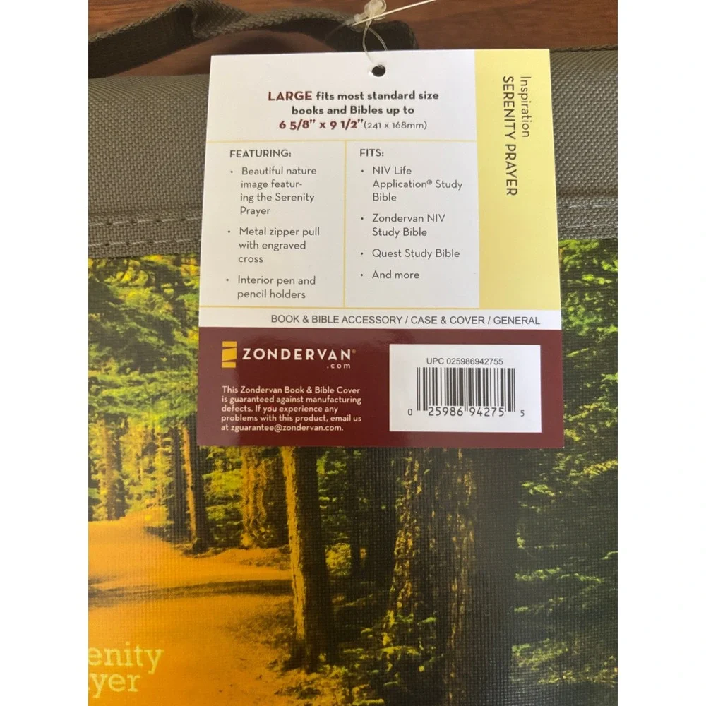 Zondervan Large Bible Cover Serenity Prayer Forest Nature Path Zippered Case NEW